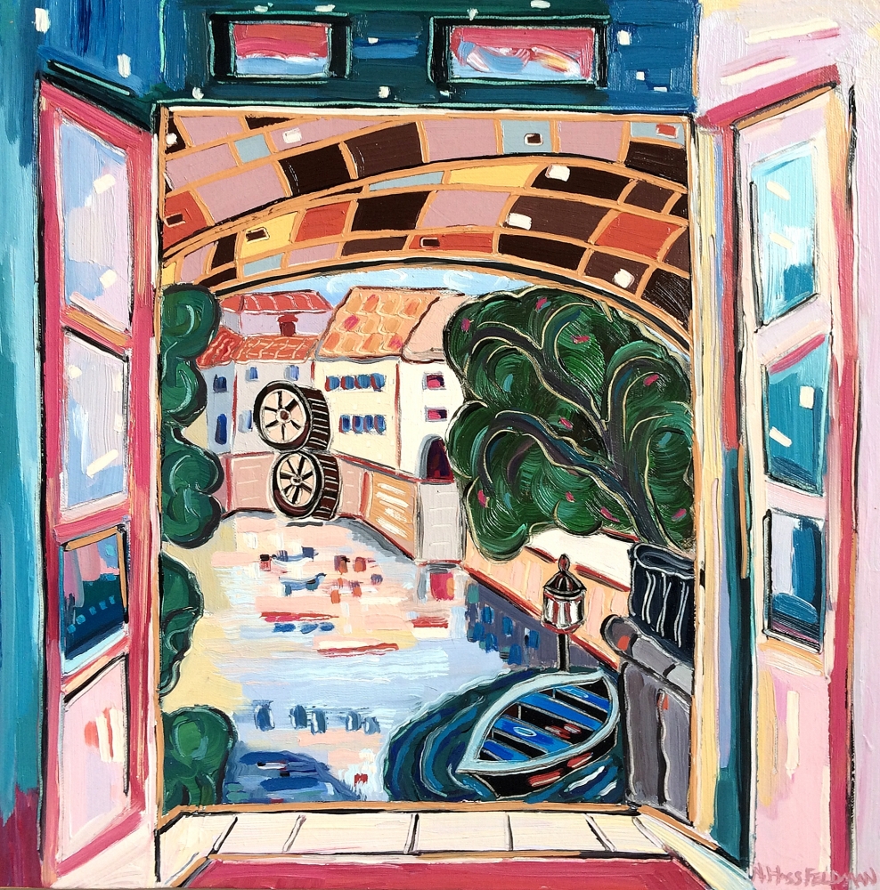 Open Window to the Water Wheel, 18x18, 20x20 oil on canvas framed